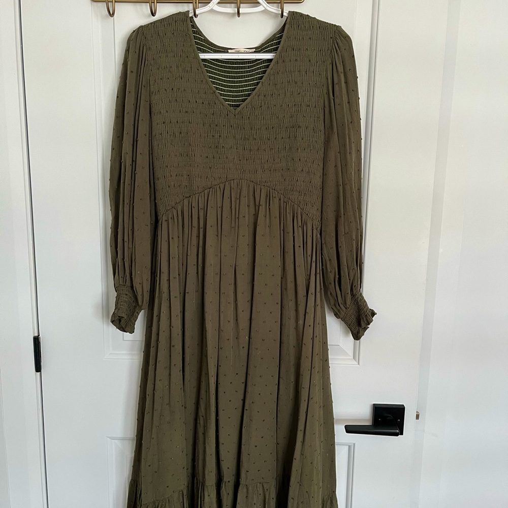 Olive green, Swiss dot midi dress